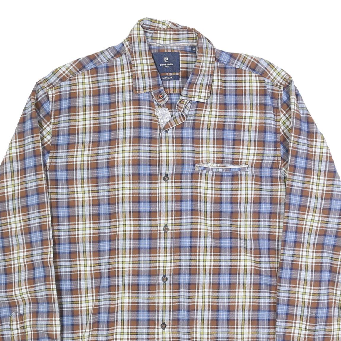 PIERRE CARDIN Mens Brown Blue & White Checked Shirt M Classic Cotton Long Sleeve