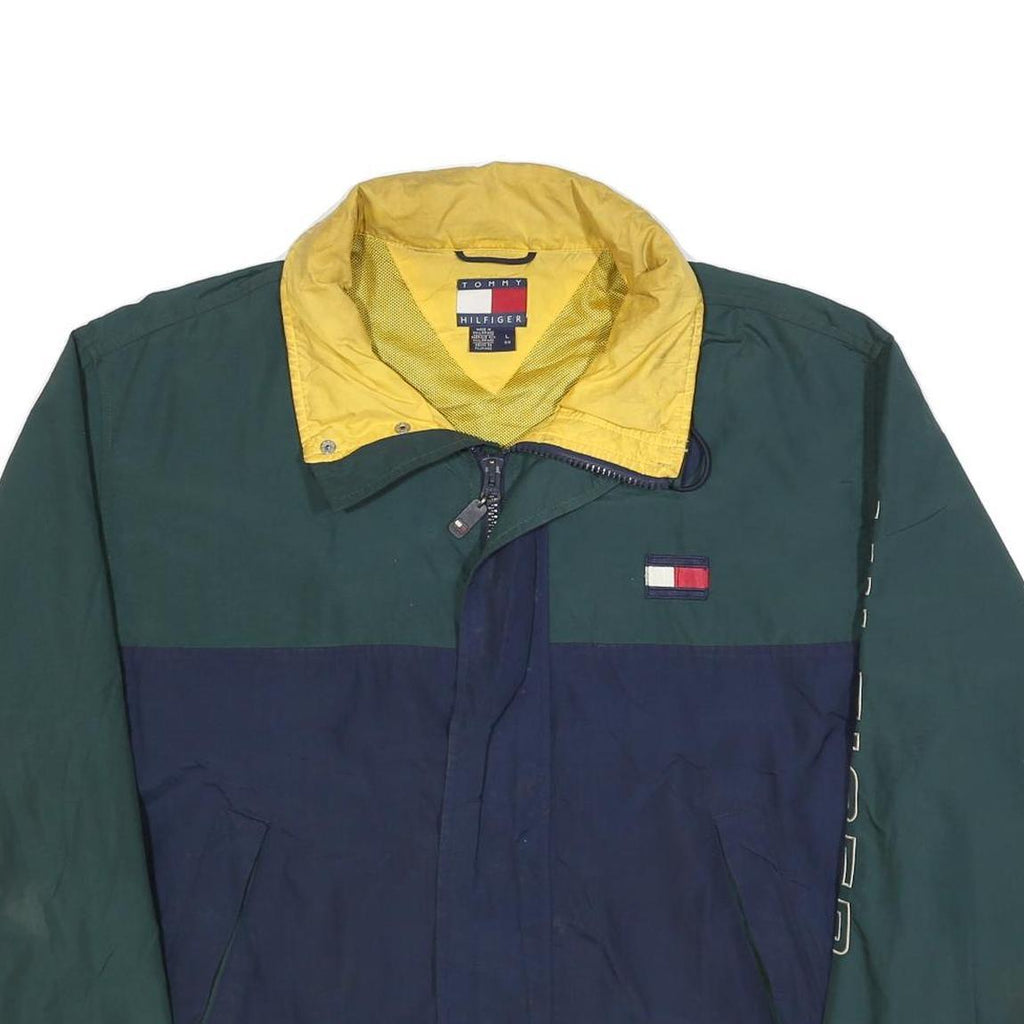 TOMMY HILFIGER Mens Green & Navy Blue Colourblock Jacket L Polyester Zip Logo