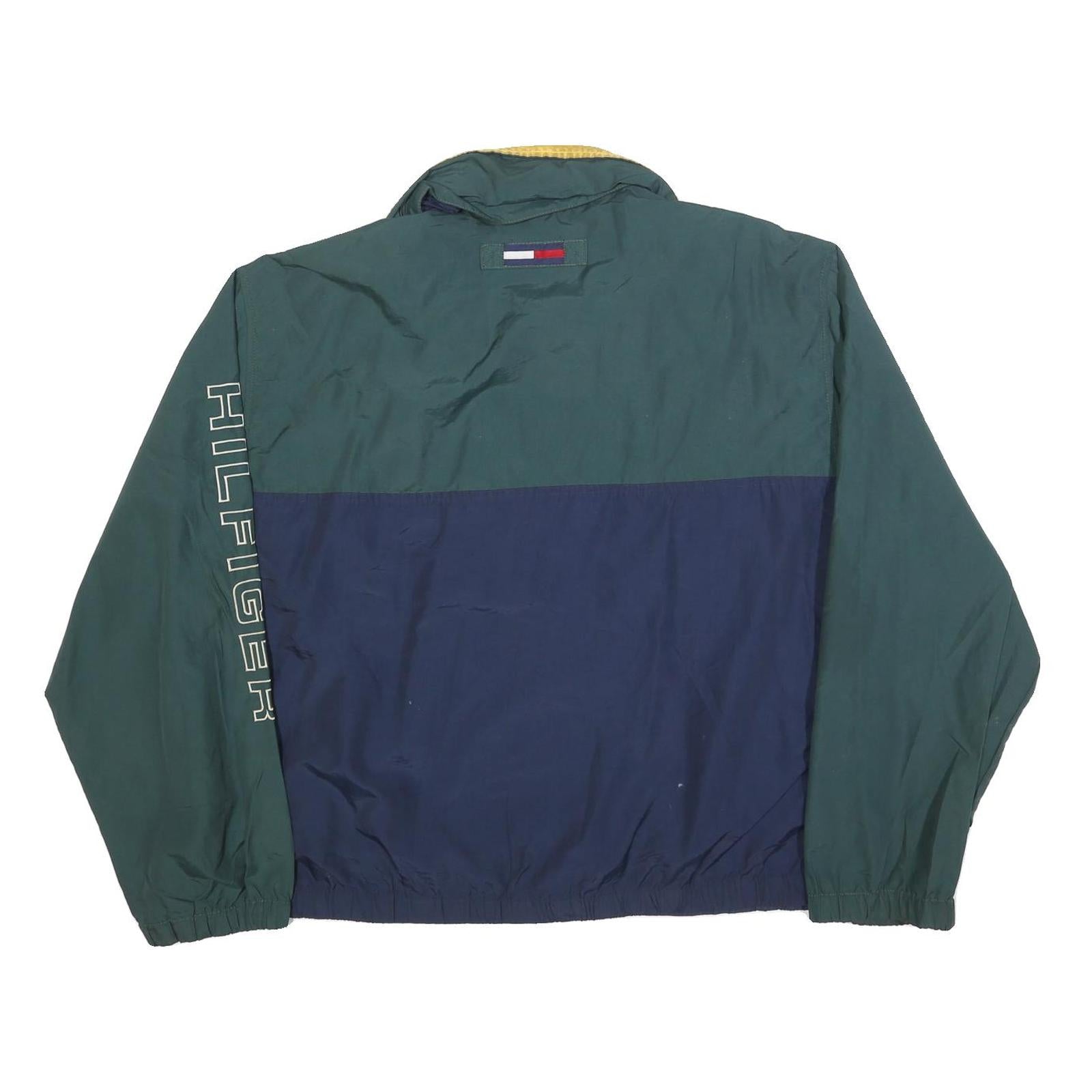 TOMMY HILFIGER Mens Green & Navy Blue Colourblock Jacket L Polyester Zip Logo