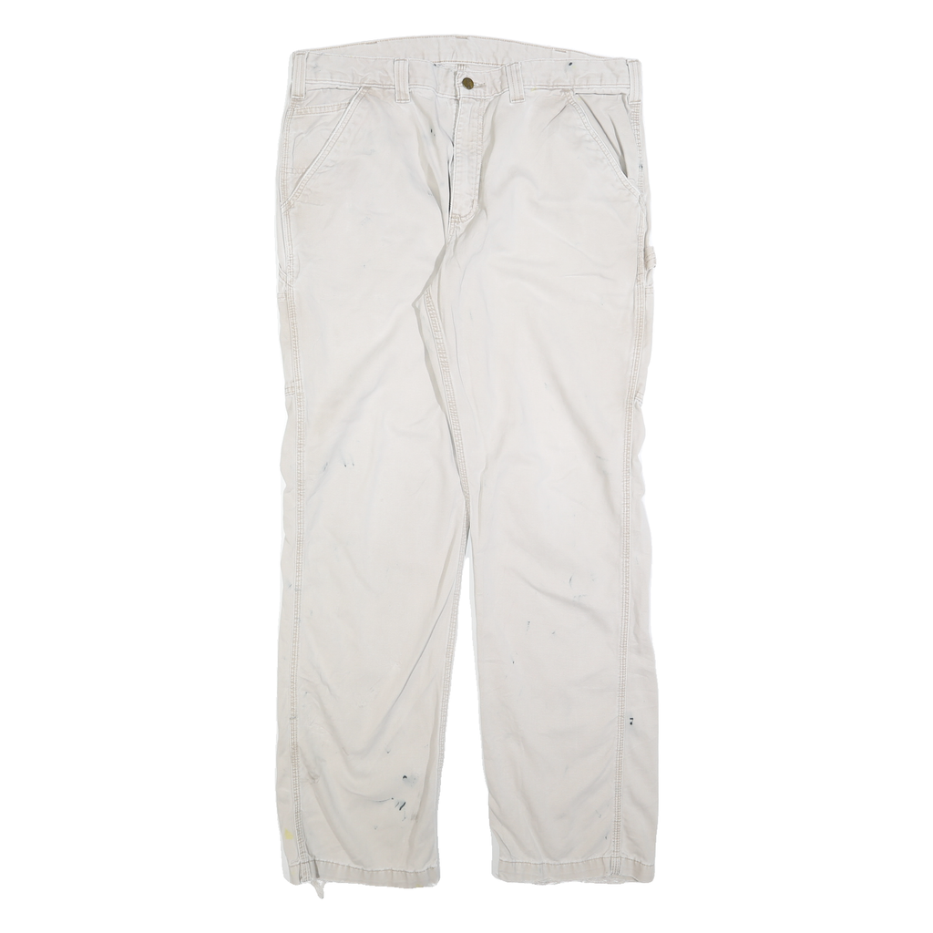 CARHARTT Mens Beige Relaxed Straight Trousers W36 L34 Cotton Blend Zip Closure