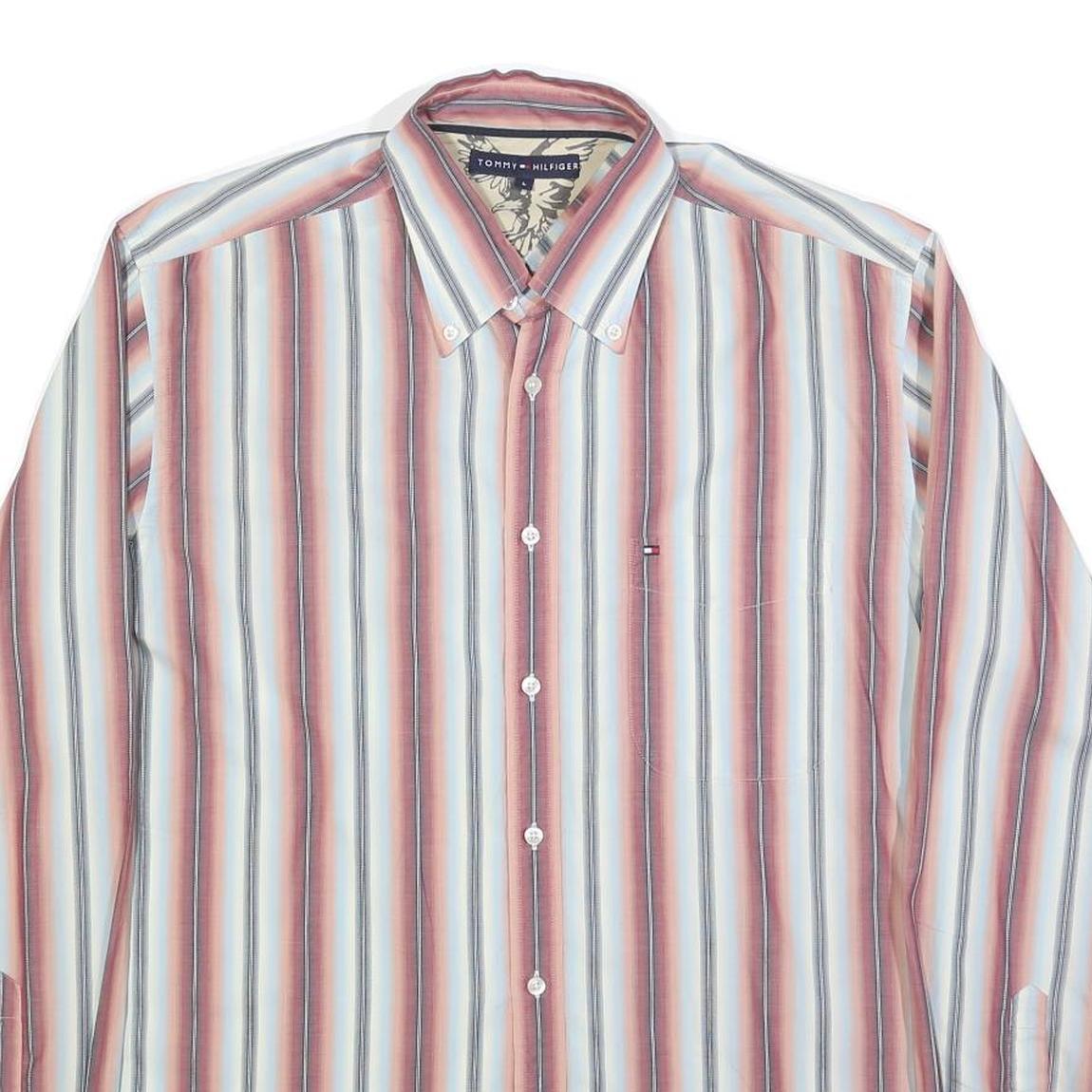 TOMMY HILFIGER Mens Red & Blue Striped Shirt L Classic Button-Down Cotton