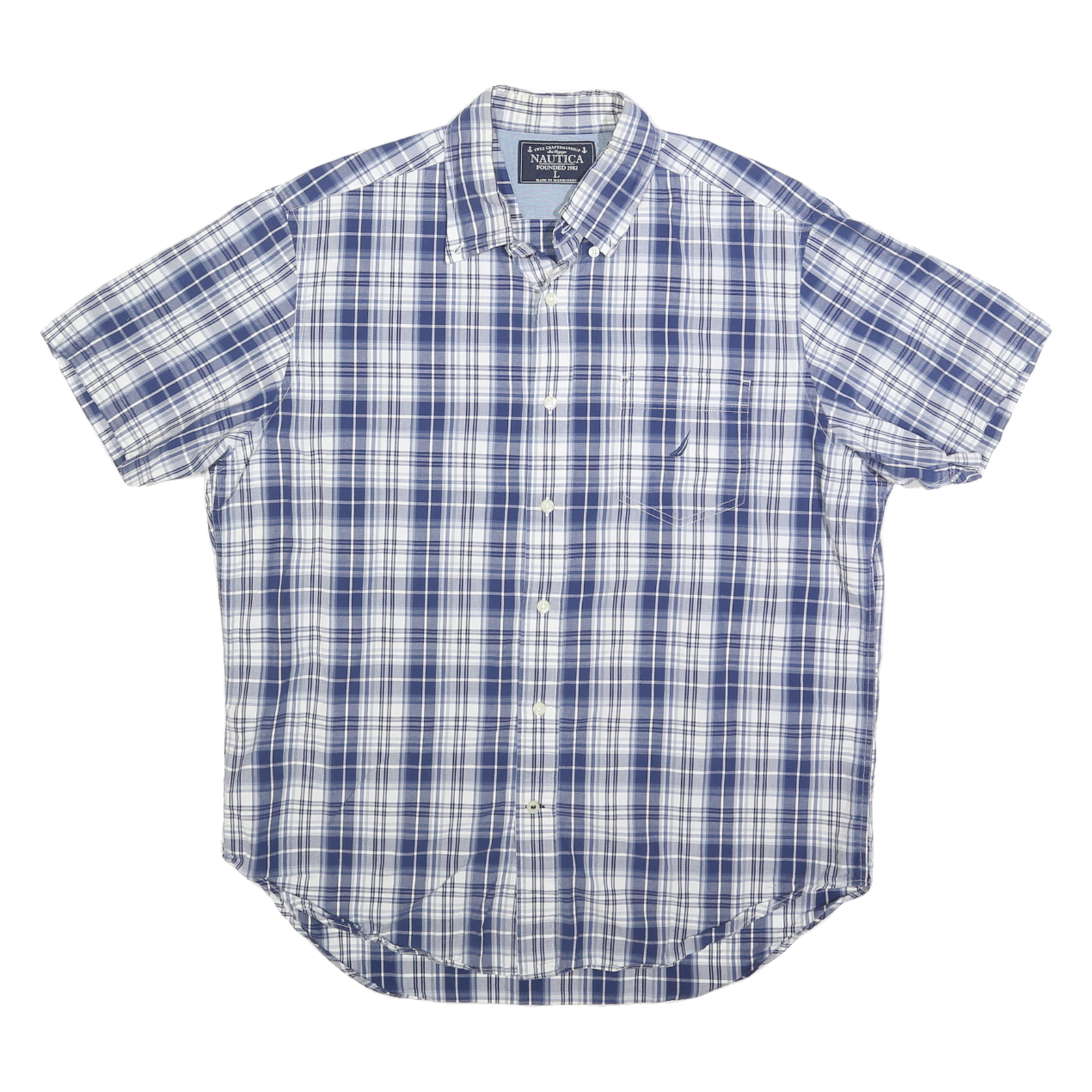 NAUTICA Mens Blue & White Checked Cotton Blend Shirt L Casual Short Sleeve