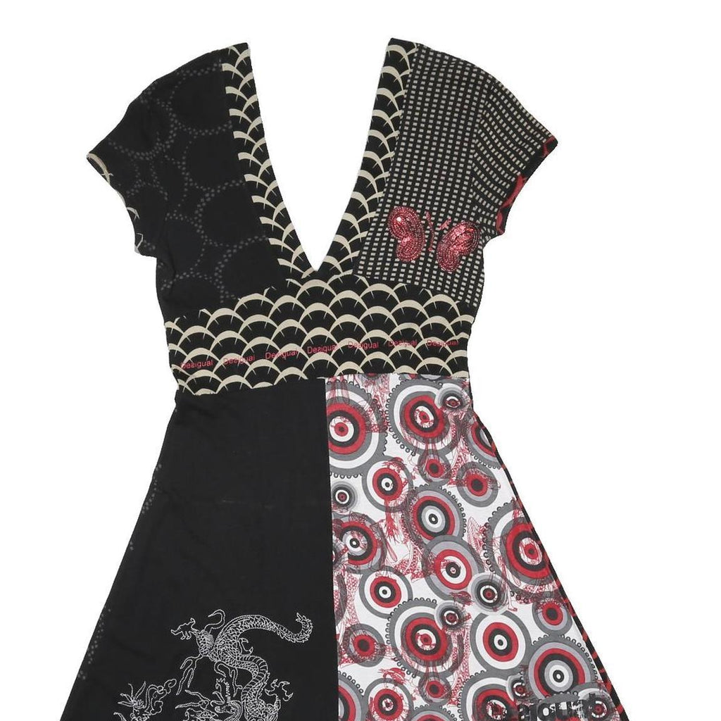 DESIGUAL Y2K Womens Black & Red Patchwork Day Cotton Blend Dress S Graphic