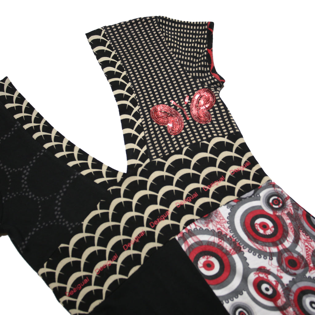 DESIGUAL Y2K Womens Black & Red Patchwork Day Cotton Blend Dress S Graphic