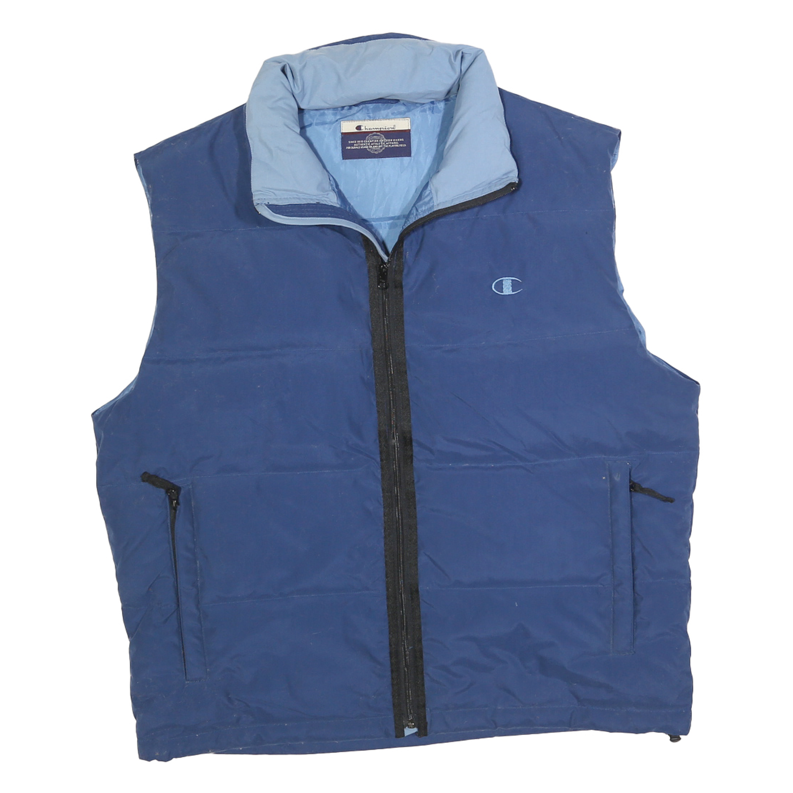 CHAMPION Mens Blue Sleeveless Jacket L Polyester Zip Plain Outdoor Casual