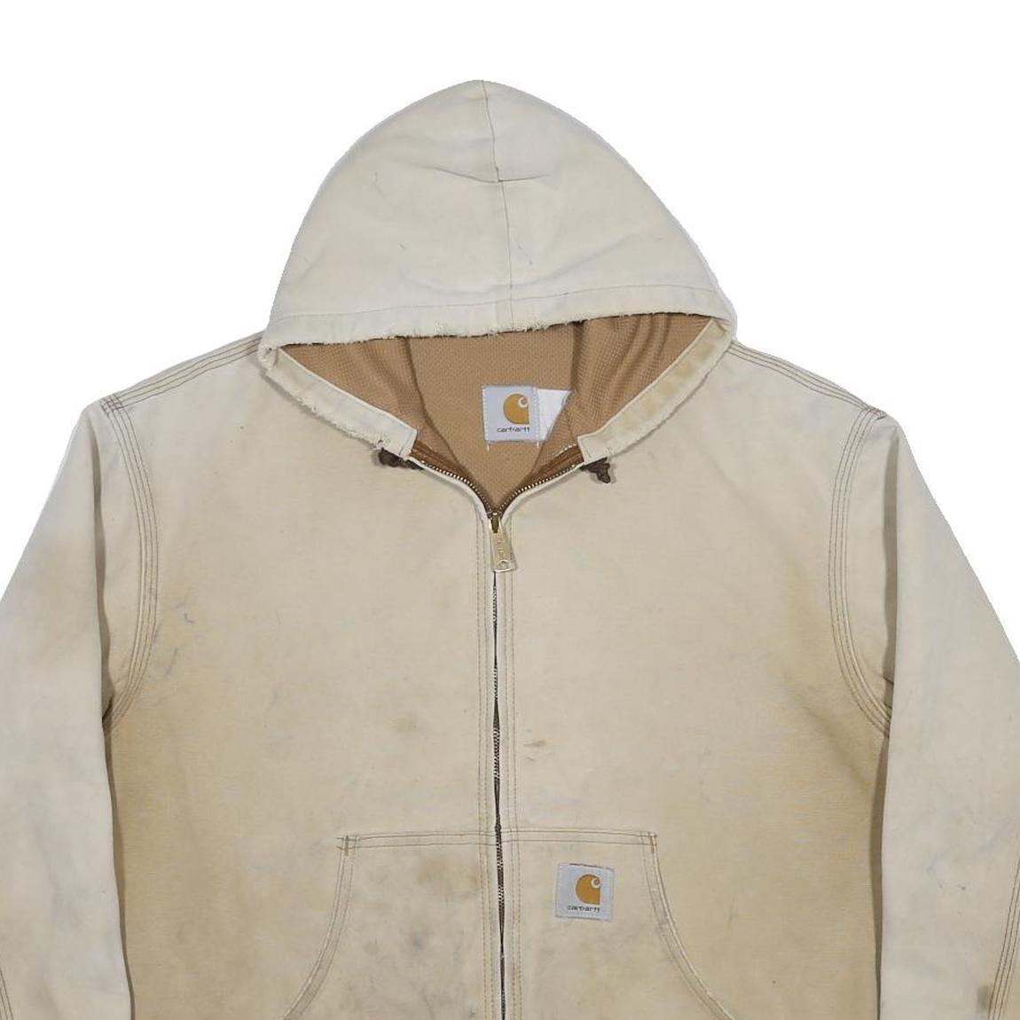 CARHARTT Mens Beige Hooded Zip Canvas Workwear Jacket L Cotton Blend Woven