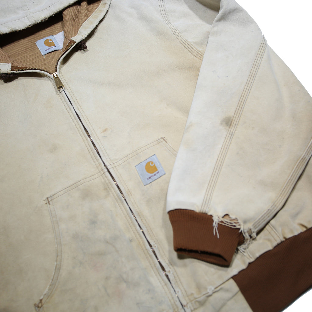CARHARTT Mens Beige Hooded Zip Canvas Workwear Jacket L Cotton Blend Woven