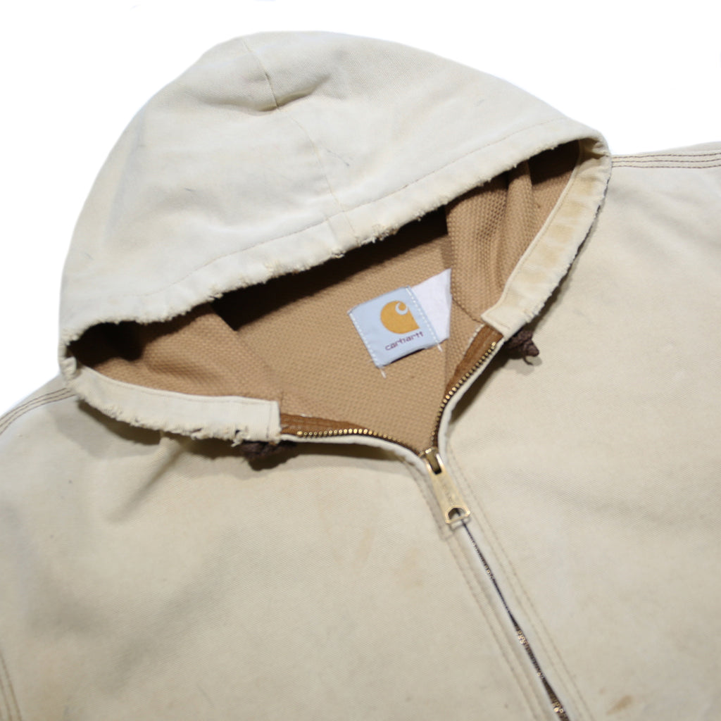 CARHARTT Mens Beige Hooded Zip Canvas Workwear Jacket L Cotton Blend Woven