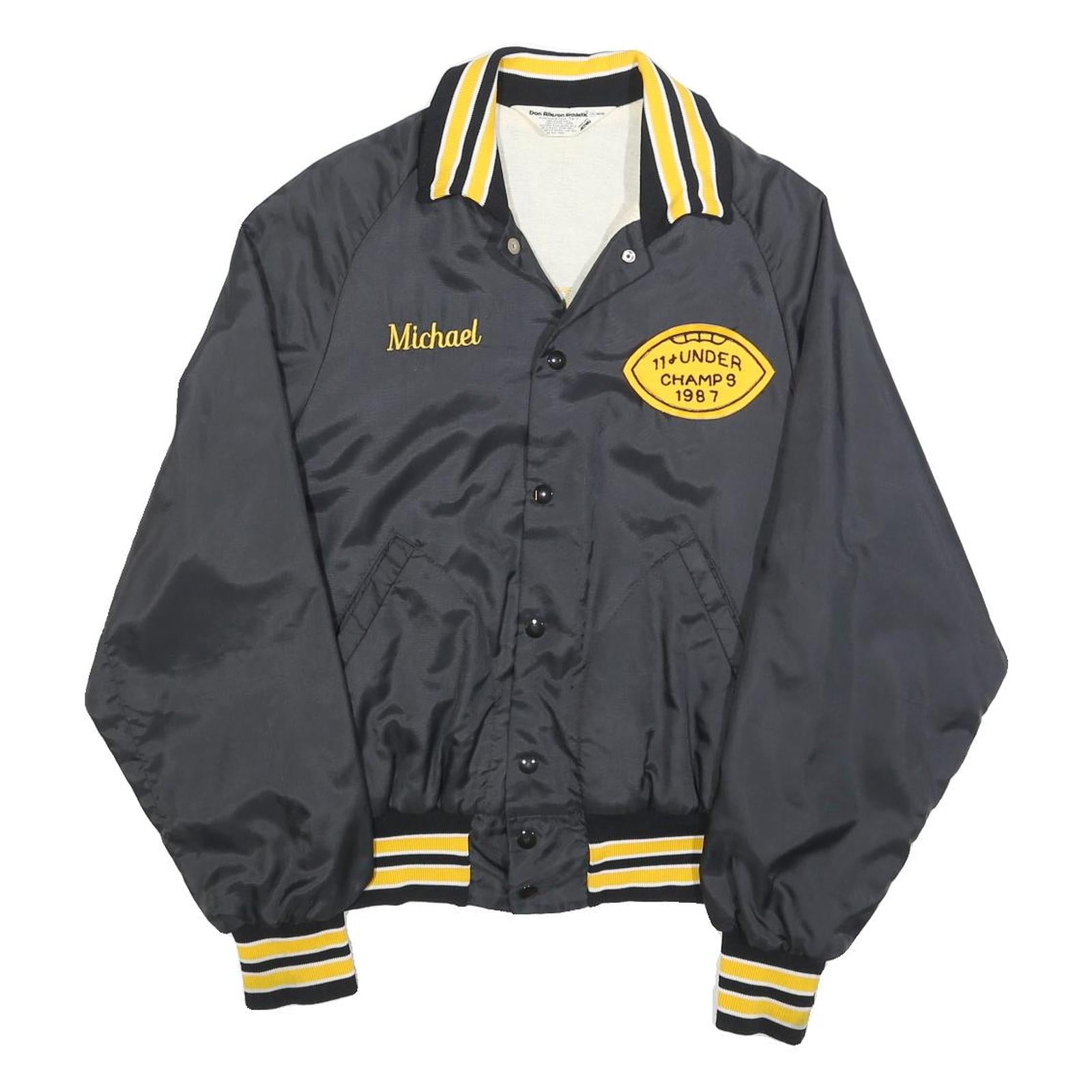 DON ALLERSON Mens Black & Yellow Varsity Button Jacket S Nylon Embroidered 1987