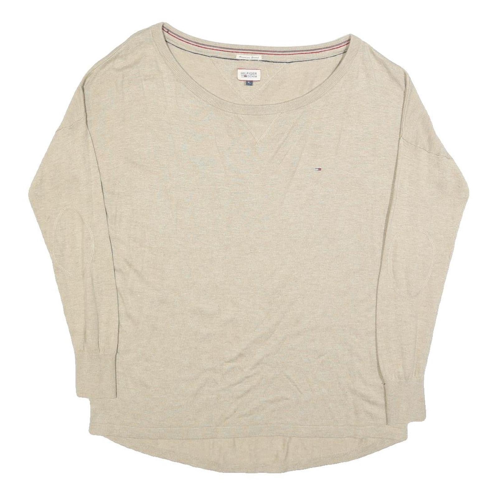 TOMMY HILFIGER Womens Beige Plain Cotton Blend Jumper Crew Neck Basic Knit 2XL