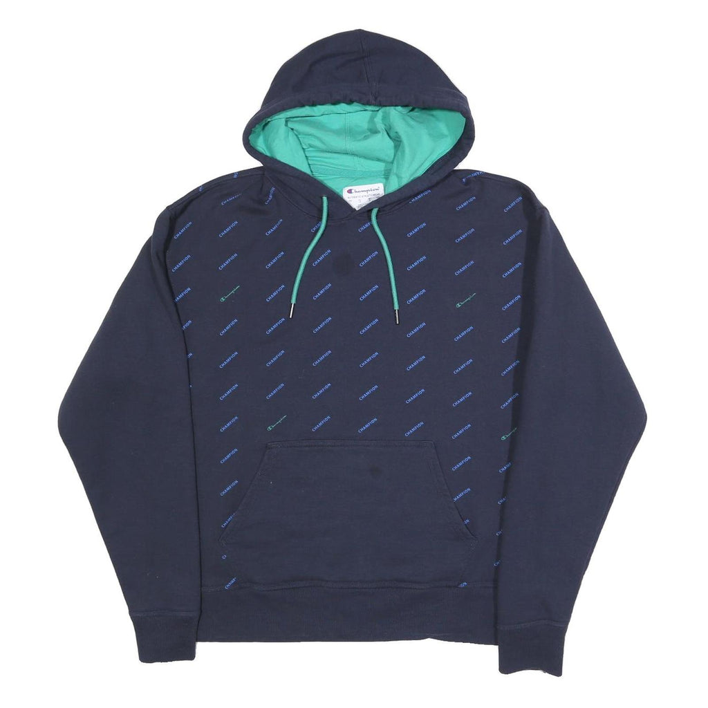 CHAMPION Mens Navy Blue & Green Hooded Pullover L Cotton Blend Hoodie