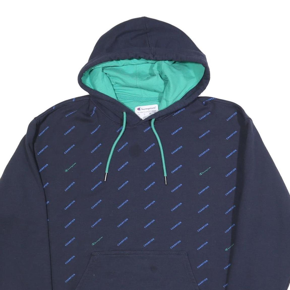 CHAMPION Mens Navy Blue & Green Hooded Pullover L Cotton Blend Hoodie