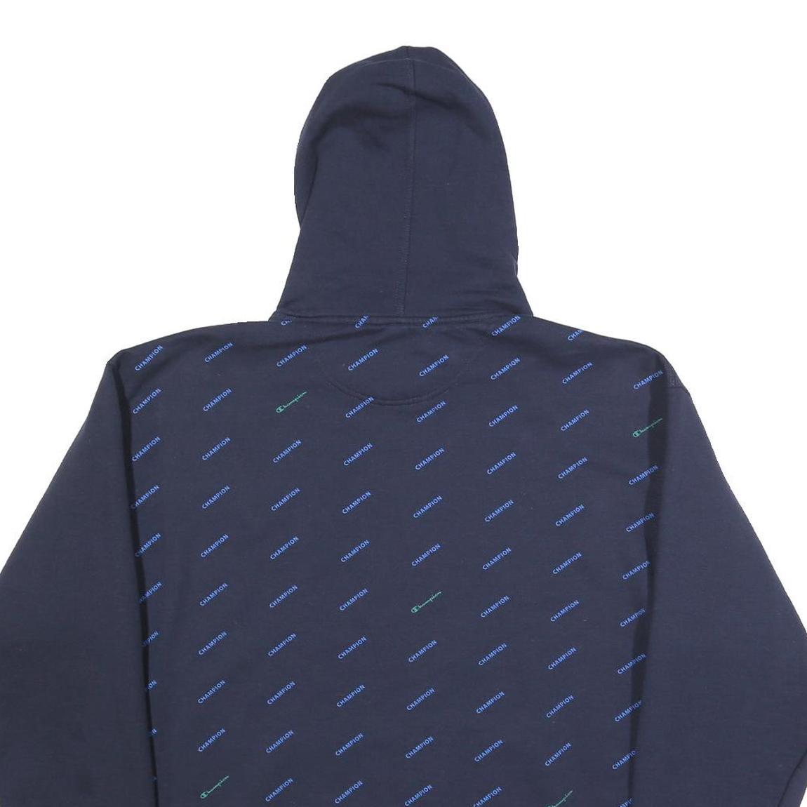 CHAMPION Mens Navy Blue & Green Hooded Pullover L Cotton Blend Hoodie