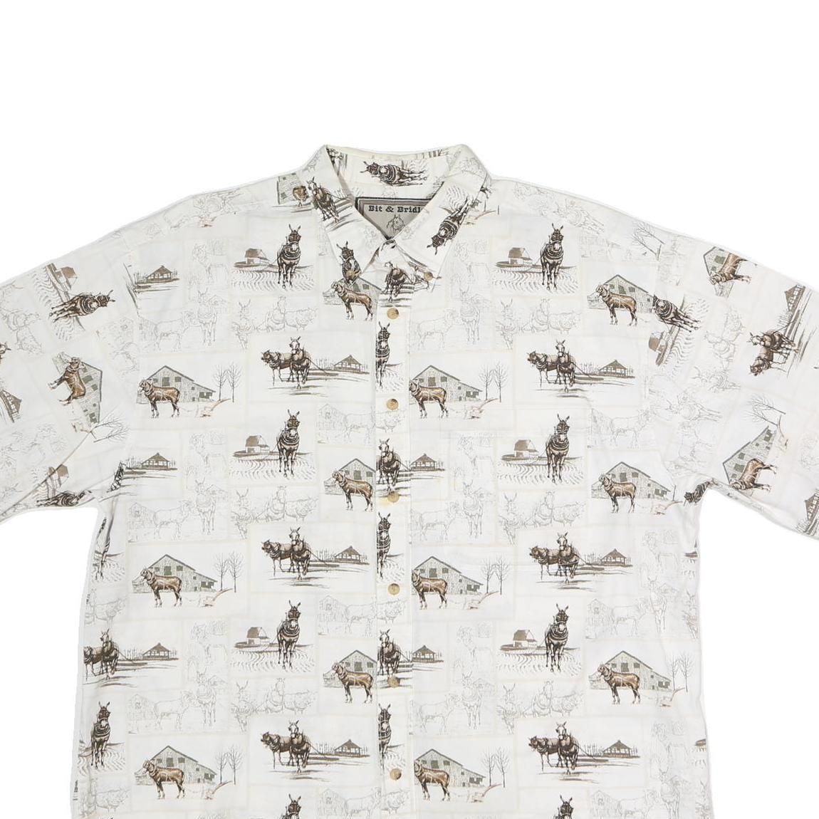 BIT & BRIDLE Mens White Horse Scene Cotton Button Shirt L Casual Short Sleeve