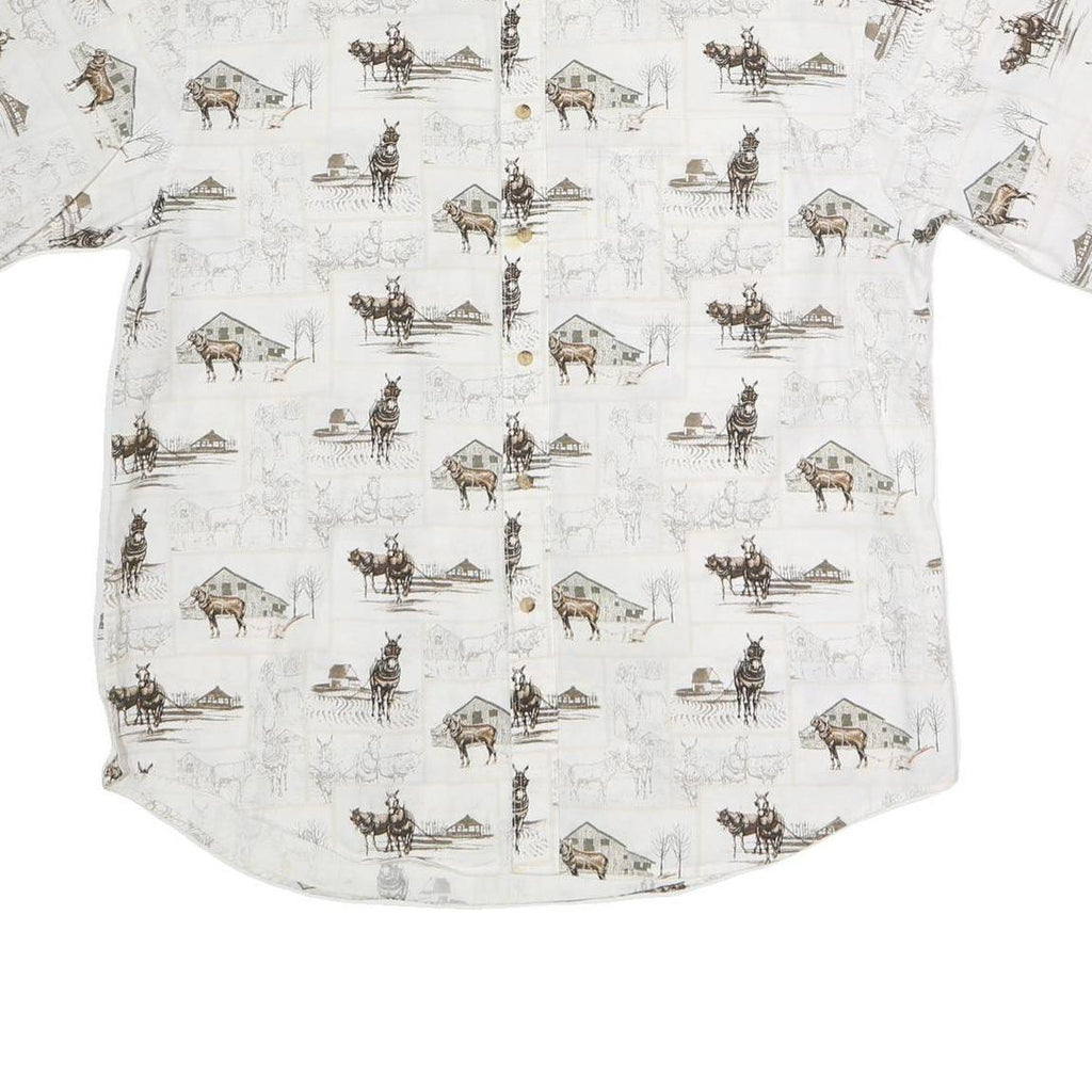 BIT & BRIDLE Mens White Horse Scene Cotton Button Shirt L Casual Short Sleeve