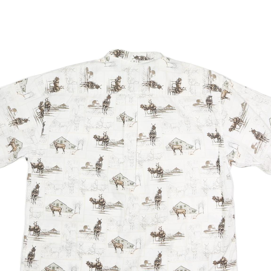 BIT & BRIDLE Mens White Horse Scene Cotton Button Shirt L Casual Short Sleeve