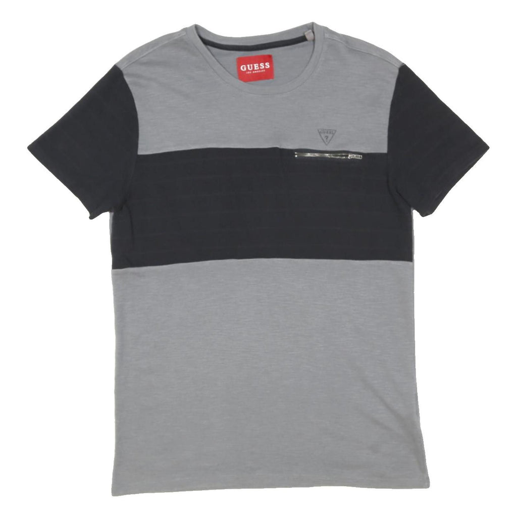 GUESS Mens Grey & Black Colourblock T-Shirt M Short Sleeve Crew Neck Zipped
