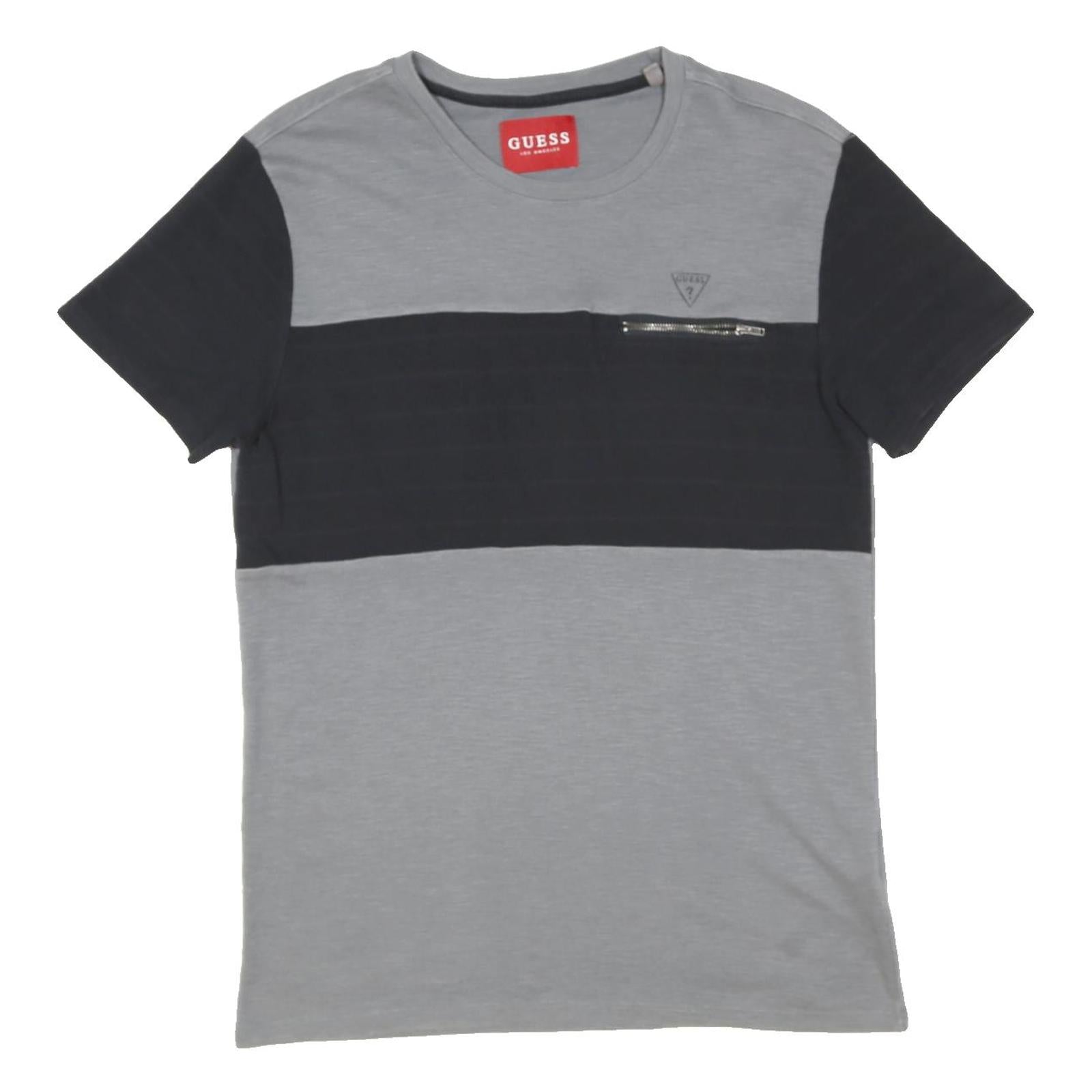 GUESS Mens Grey & Black Colourblock T-Shirt M Short Sleeve Crew Neck Zipped