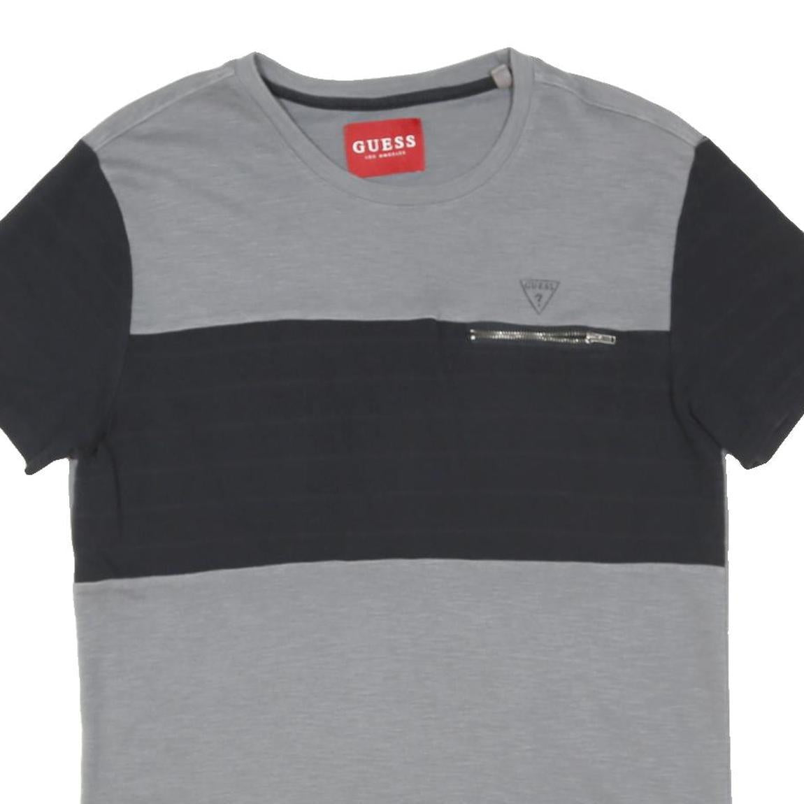 GUESS Mens Grey & Black Colourblock T-Shirt M Short Sleeve Crew Neck Zipped