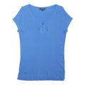 LAUREN RALPH LAUREN Womens Blue Cotton Basic Top Short Sleeve V-Neck Lace Up L