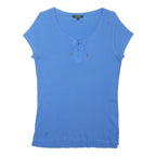 LAUREN RALPH LAUREN Womens Blue Cotton Basic Top Short Sleeve V-Neck Lace Up L
