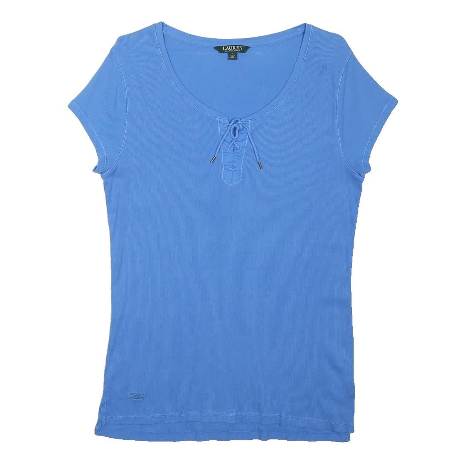 LAUREN RALPH LAUREN Womens Blue Cotton Basic Top Short Sleeve V-Neck Lace Up L