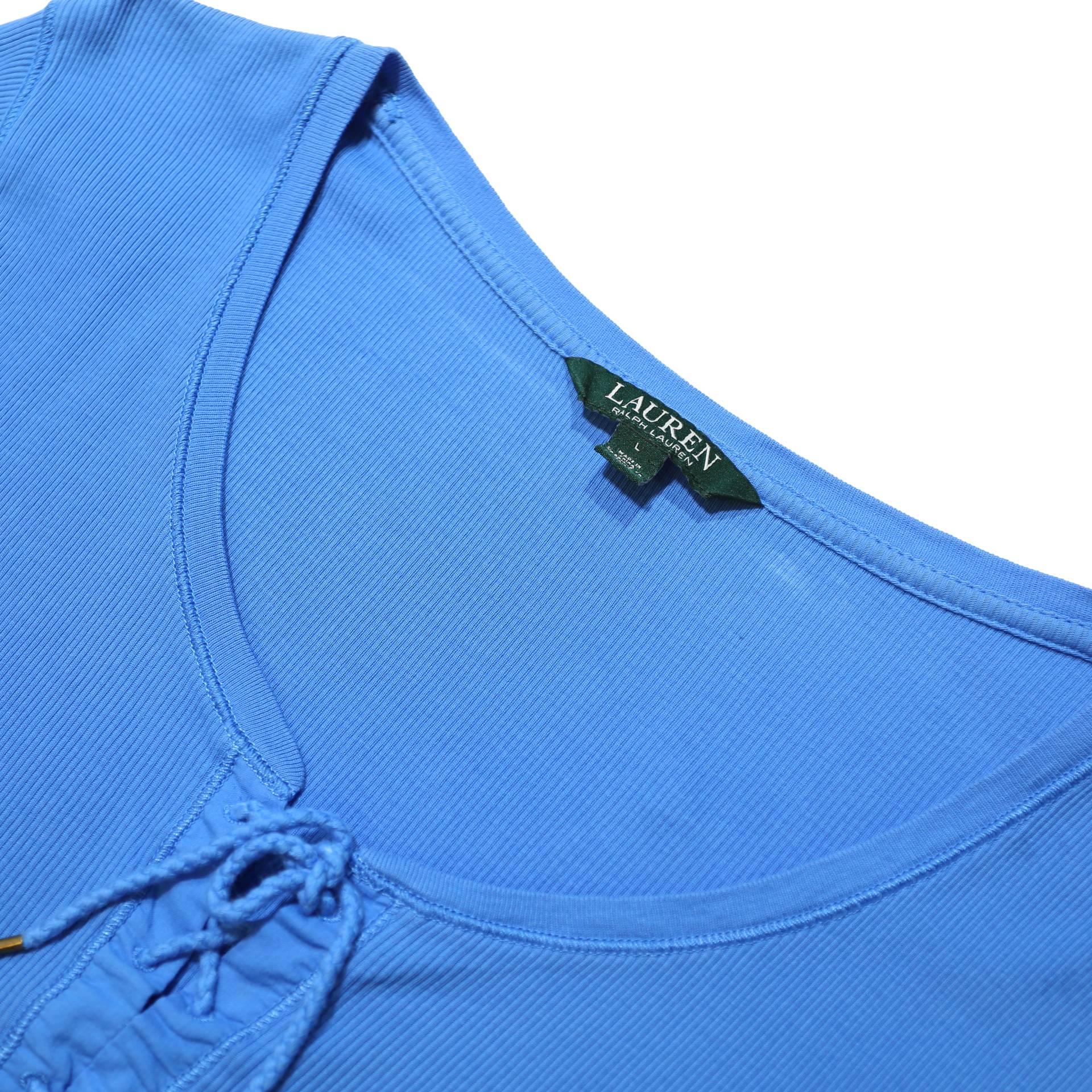 LAUREN RALPH LAUREN Womens Blue Cotton Basic Top Short Sleeve V-Neck Lace Up L