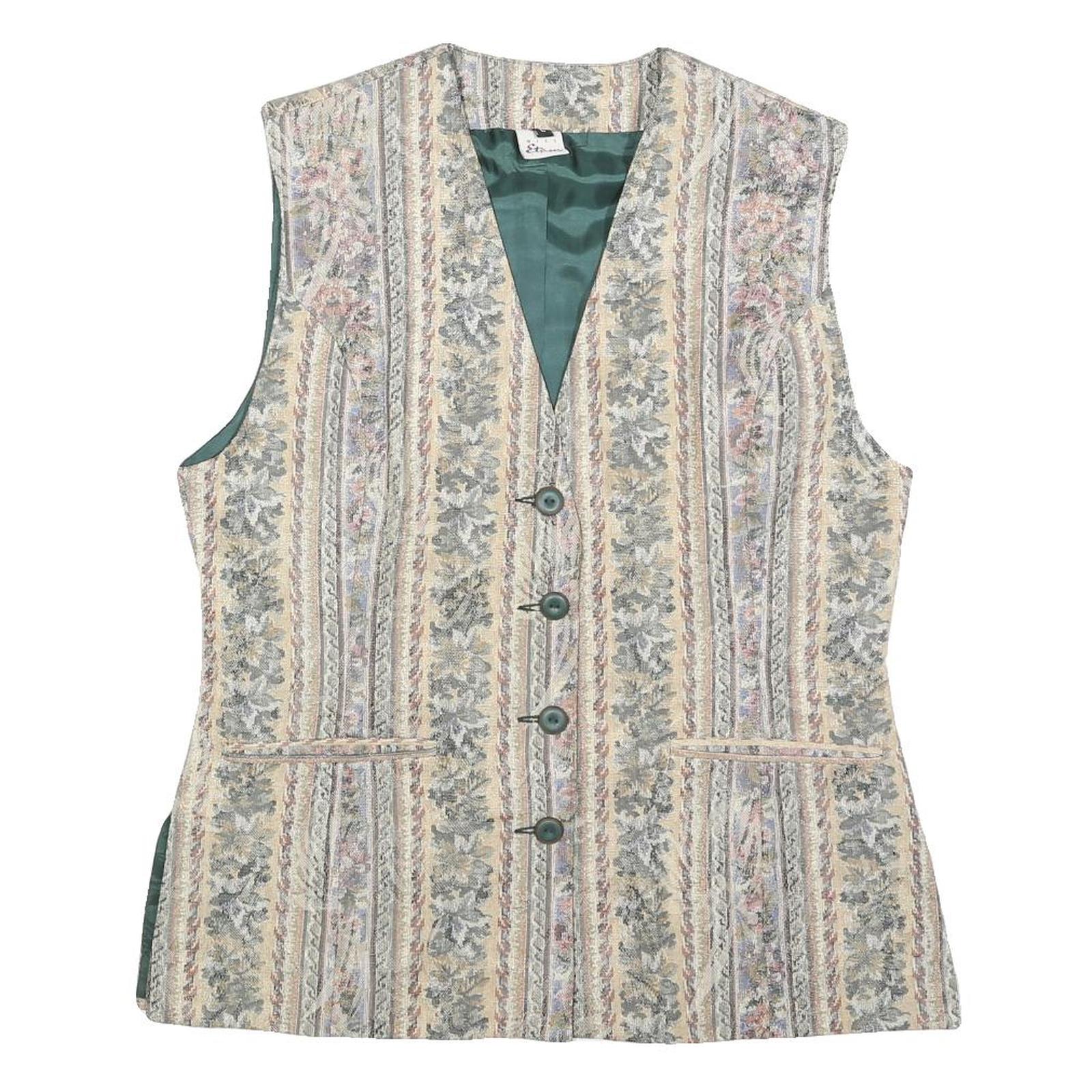 MISS ETAM Womens Beige Tailored Jacket L Cotton Blend Striped Floral Pattern