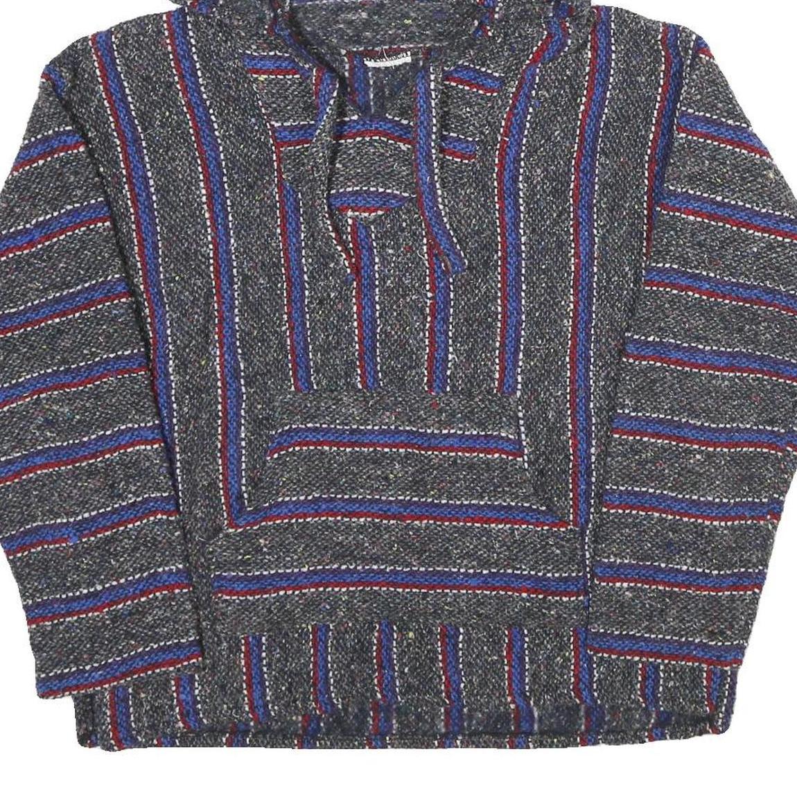 Mens Blue Red Striped Hooded Pullover Hoodie M Casual Comfortable