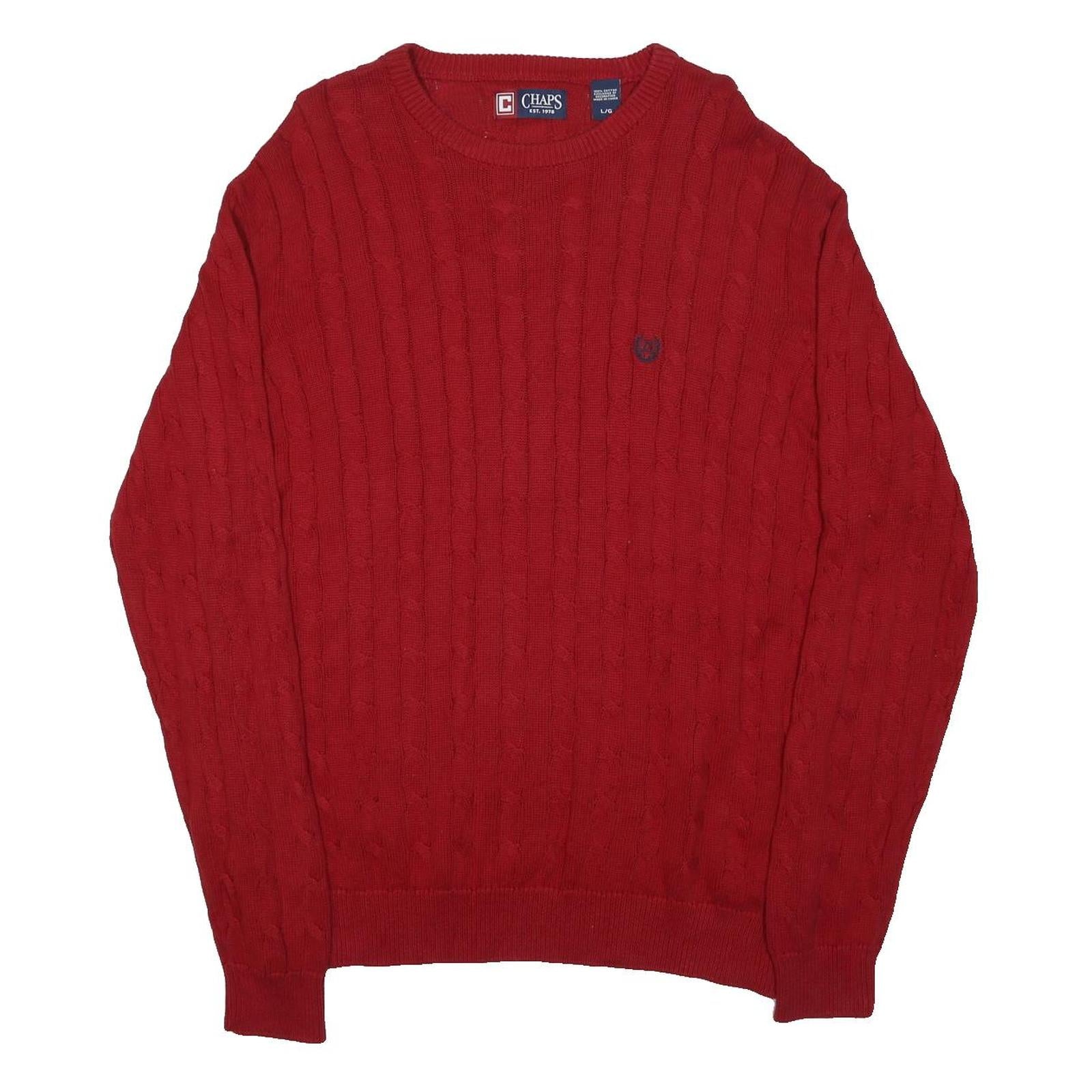 CHAPS Mens Red Cotton Patterned Crew Neck Cable Knit Jumper L Casual Classic