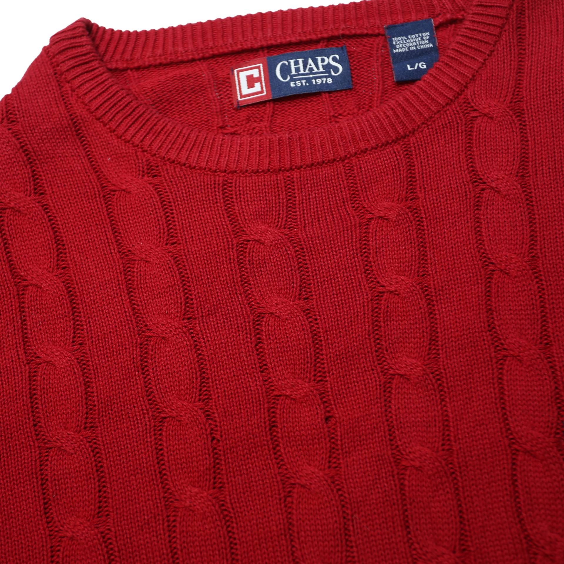 CHAPS Mens Red Cotton Patterned Crew Neck Cable Knit Jumper L Casual Classic