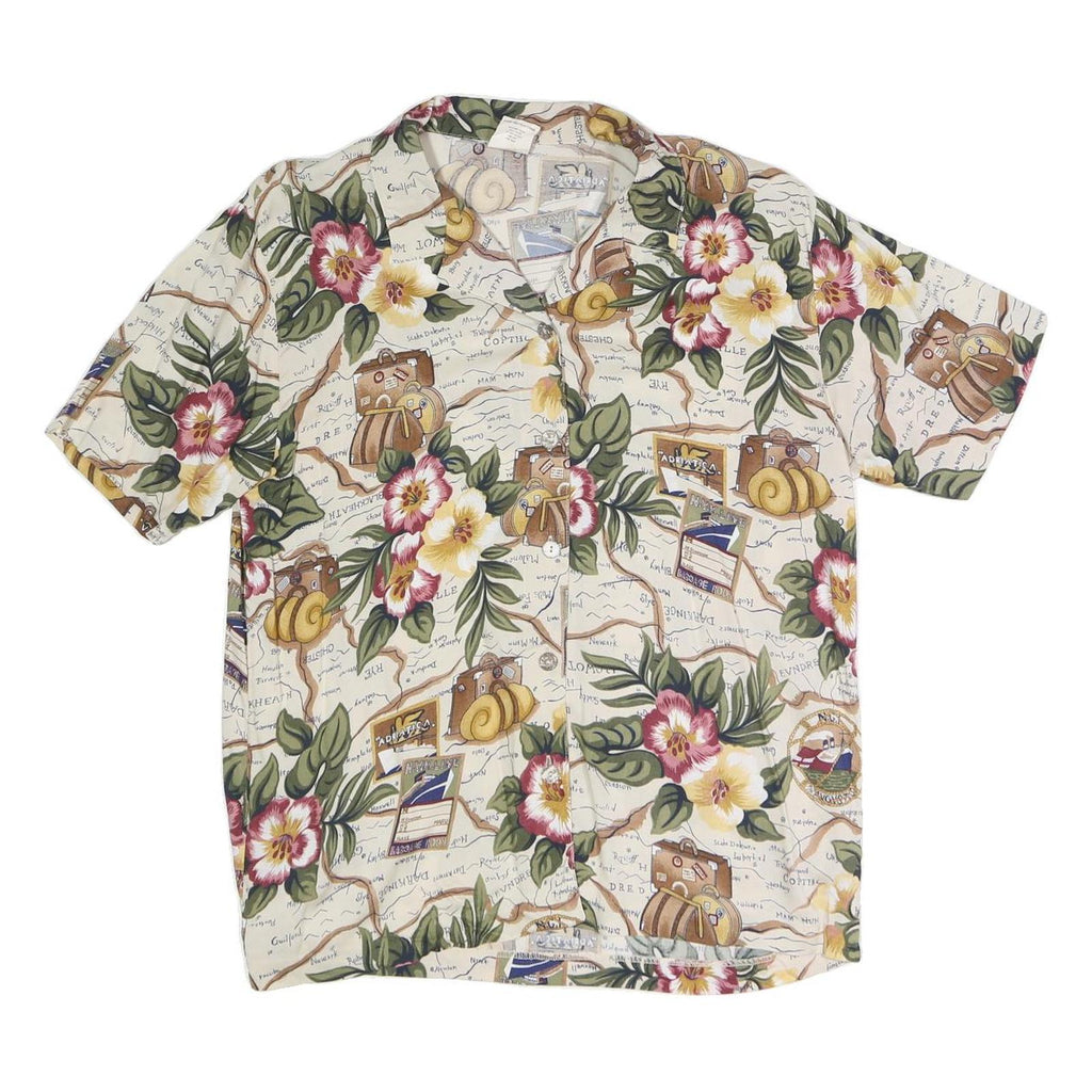 Womens Cream Floral Map Print Rayon Shirt Short Sleeve Collared M Summer