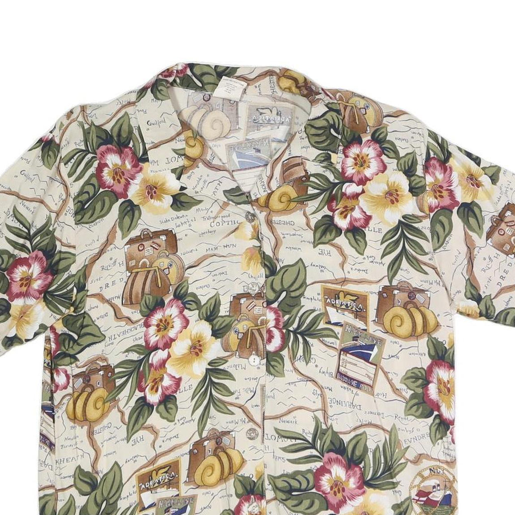 Womens Cream Floral Map Print Rayon Shirt Short Sleeve Collared M Summer