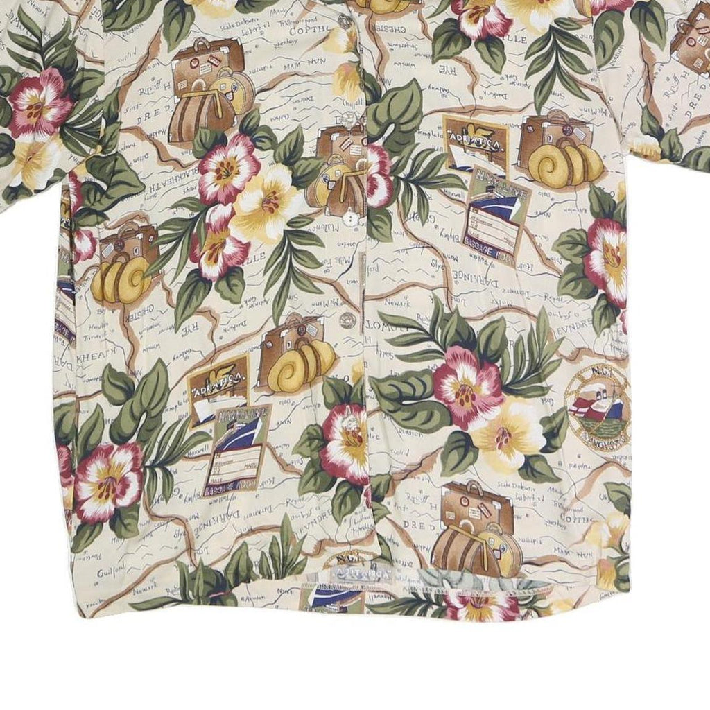 Womens Cream Floral Map Print Rayon Shirt Short Sleeve Collared M Summer