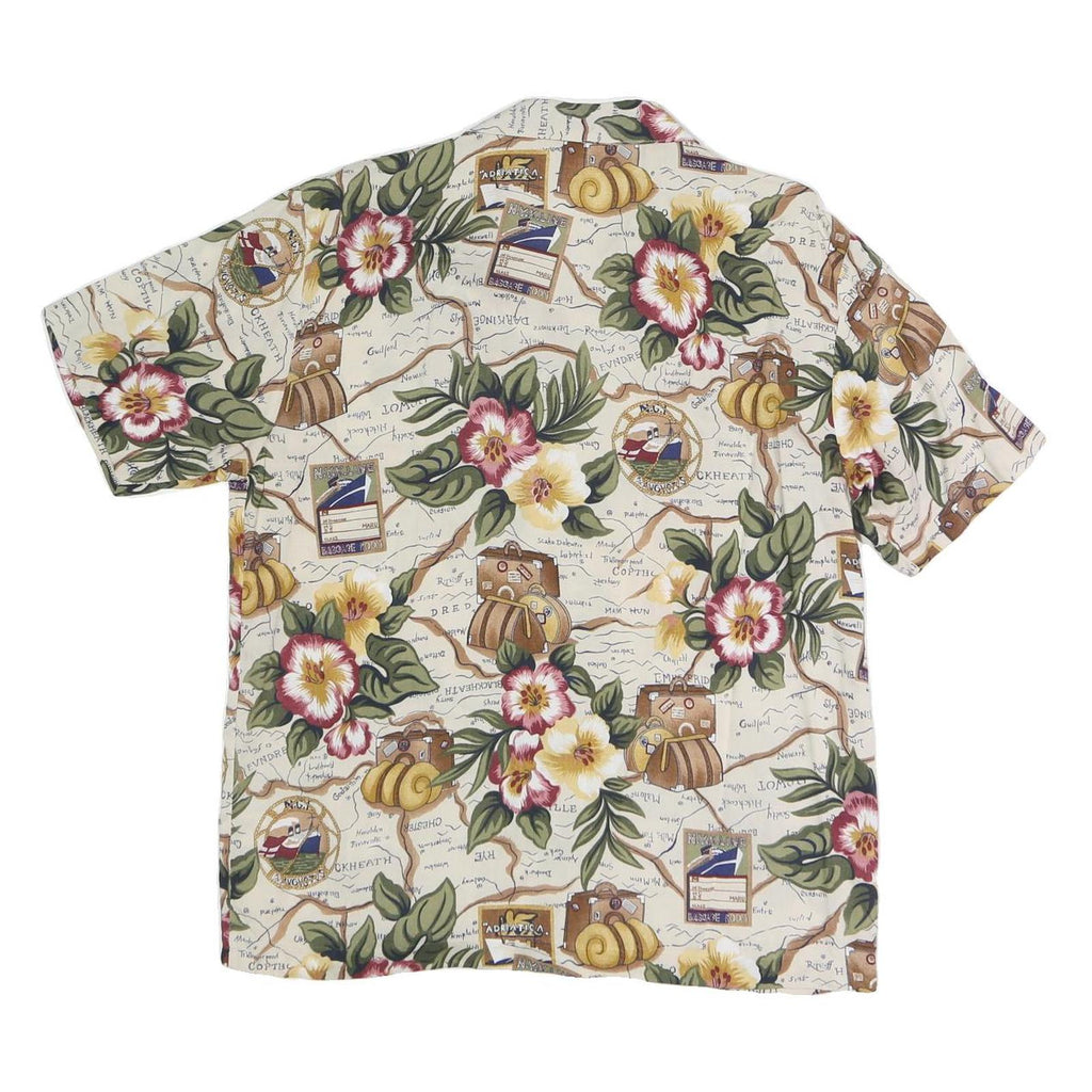 Womens Cream Floral Map Print Rayon Shirt Short Sleeve Collared M Summer