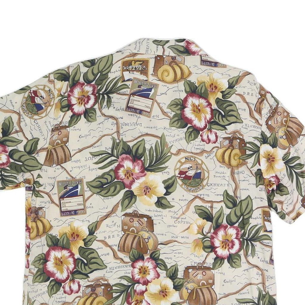 Womens Cream Floral Map Print Rayon Shirt Short Sleeve Collared M Summer