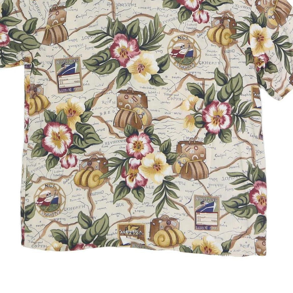 Womens Cream Floral Map Print Rayon Shirt Short Sleeve Collared M Summer