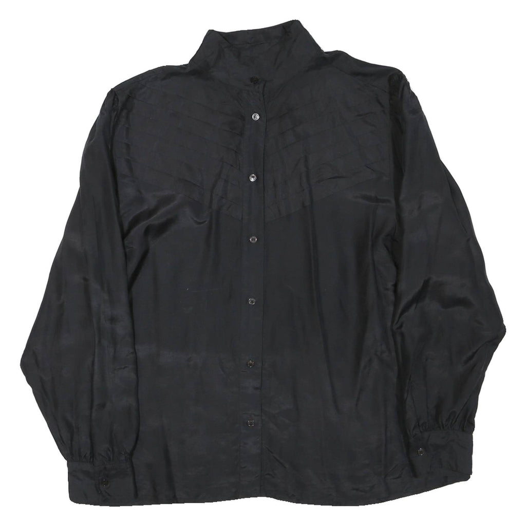 Womens Black Basic Long Sleeve Button Neck Plain Top L Elegant Officewear