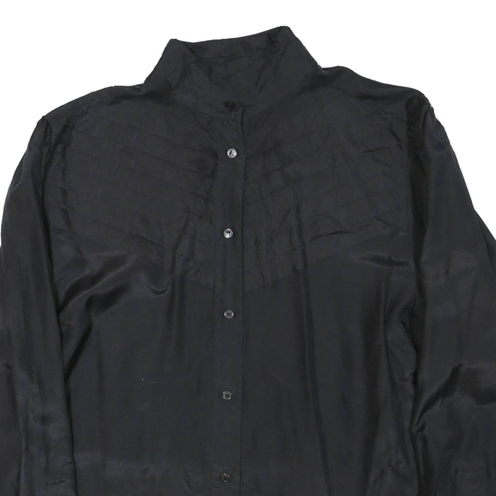 Womens Black Basic Long Sleeve Button Neck Plain Top L Elegant Officewear