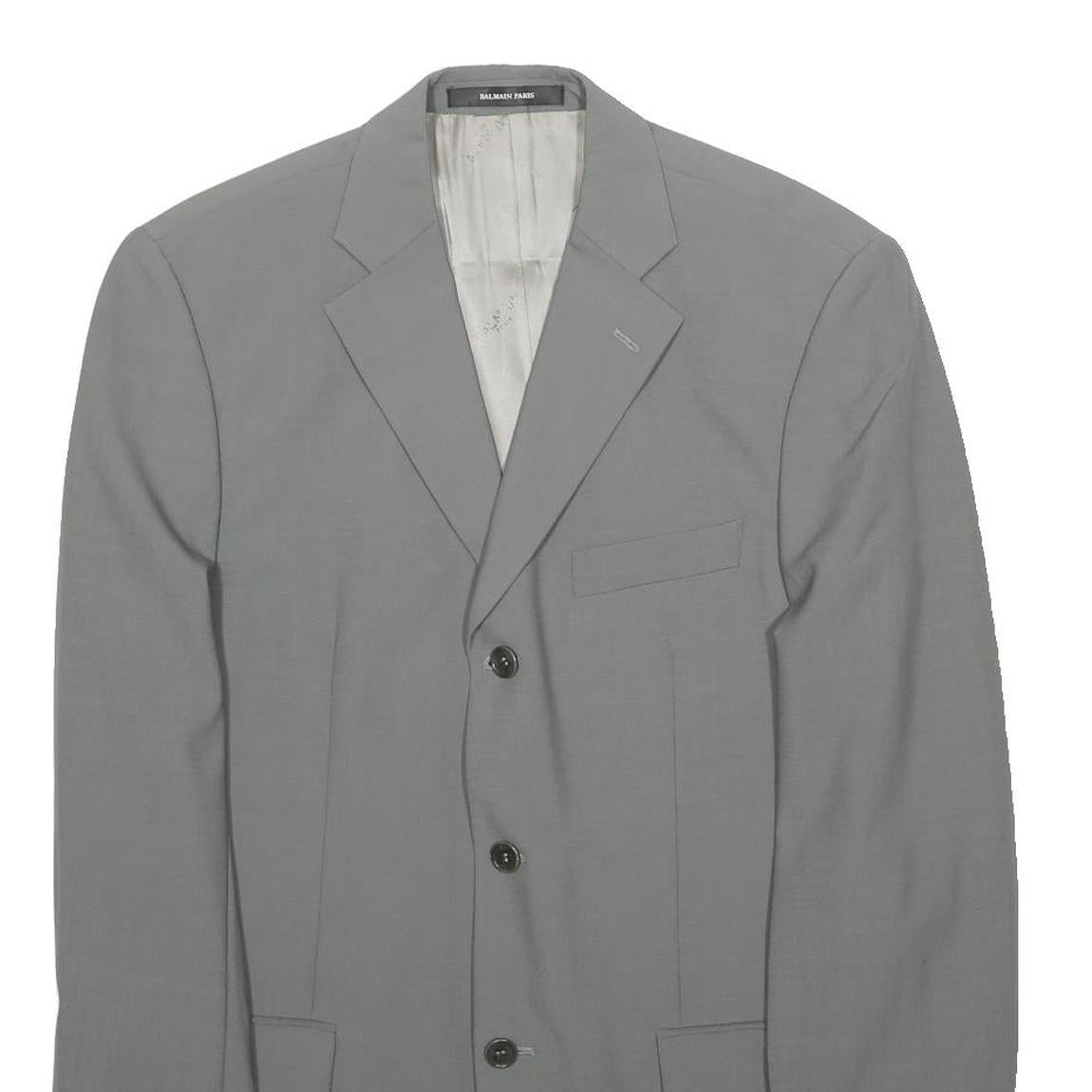 BALMAIN PARIS Mens Grey Wool Jacket M Plain Button Closure Classic Fit Tailored