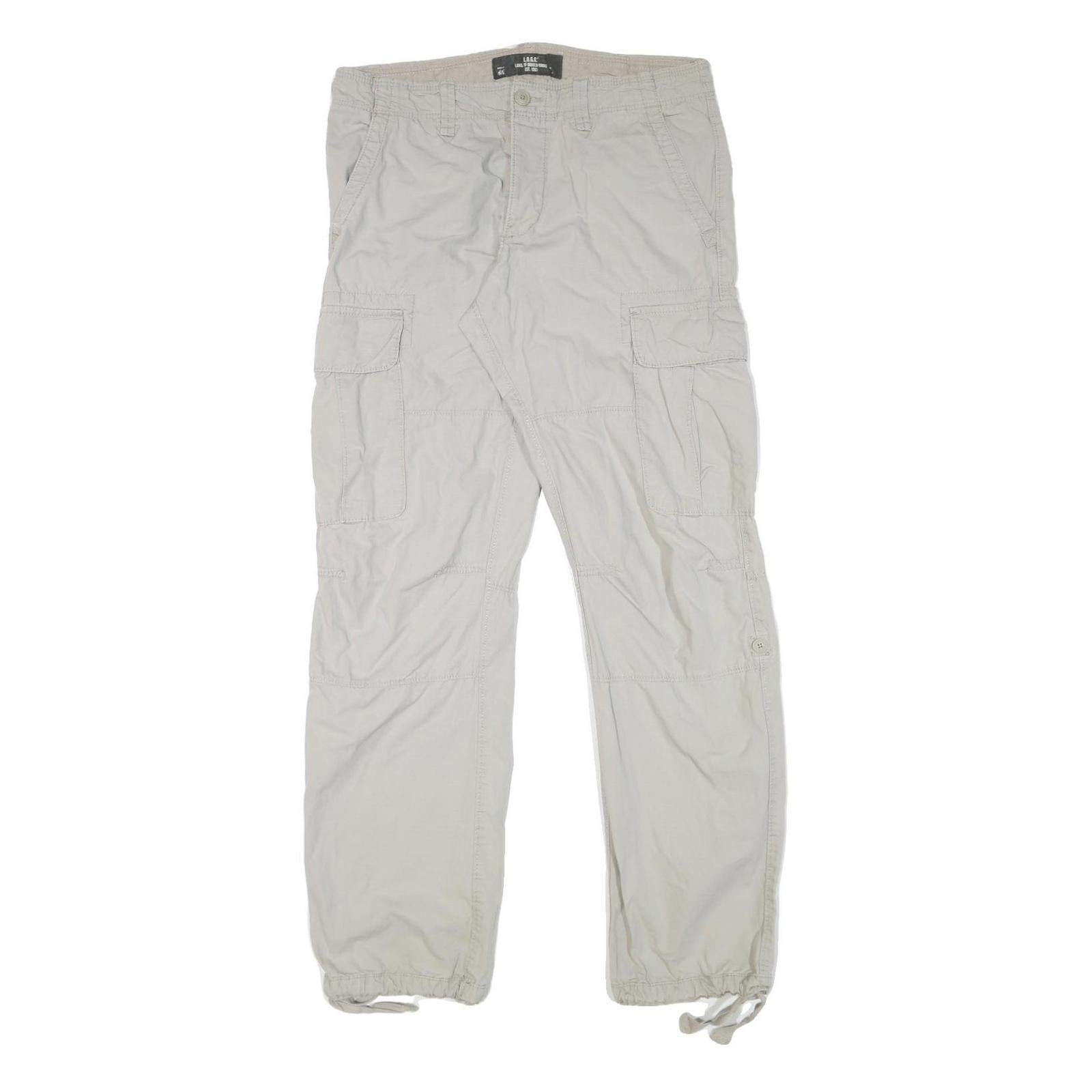 H&M Mens Relaxed Beige Cotton Blend Cargo Trousers W35 L31 Casual Zip Pocketed