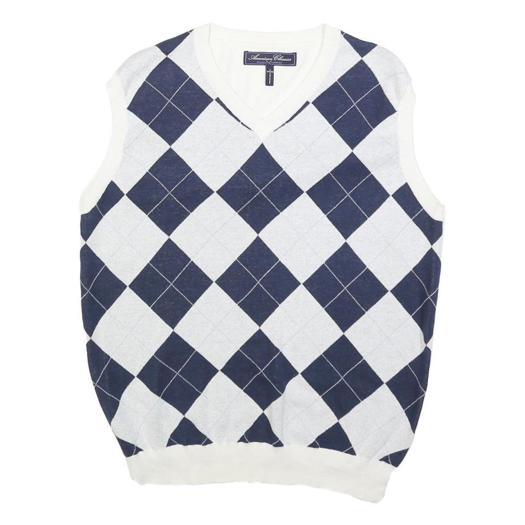 RUSSEL SIMONS Mens White & Navy Patterned Sleeveless V-Neck Basic Knit Jumper S