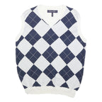 RUSSEL SIMONS Mens White & Navy Patterned Sleeveless V-Neck Basic Knit Jumper S