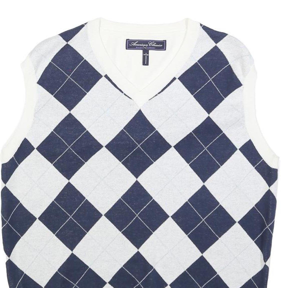 RUSSEL SIMONS Mens White & Navy Patterned Sleeveless V-Neck Basic Knit Jumper S