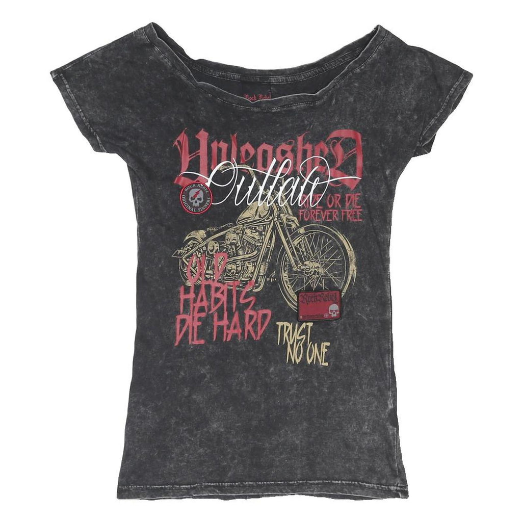ROCK REBEL Womens Black Graphic Print Top Short Sleeve Round Neck S Outlaw