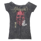 ROCK REBEL Womens Black Graphic Print Top Short Sleeve Round Neck S Outlaw