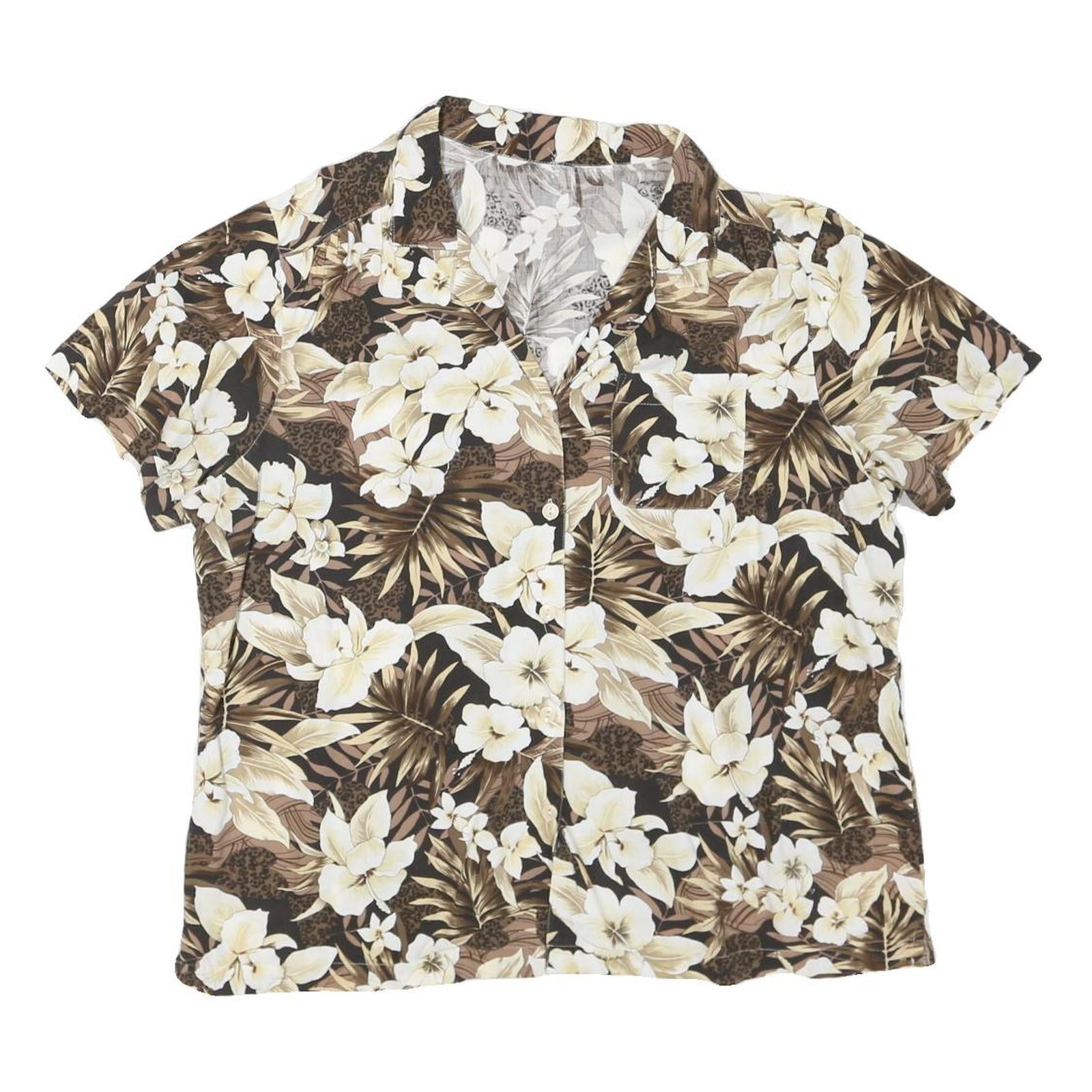 Womens Brown & Cream Floral Cotton Blend Shirt Short Sleeve Collared XL Casual