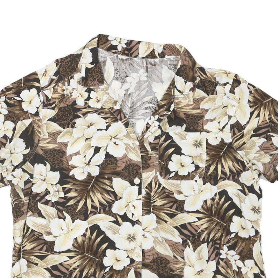 Womens Brown & Cream Floral Cotton Blend Shirt Short Sleeve Collared XL Casual