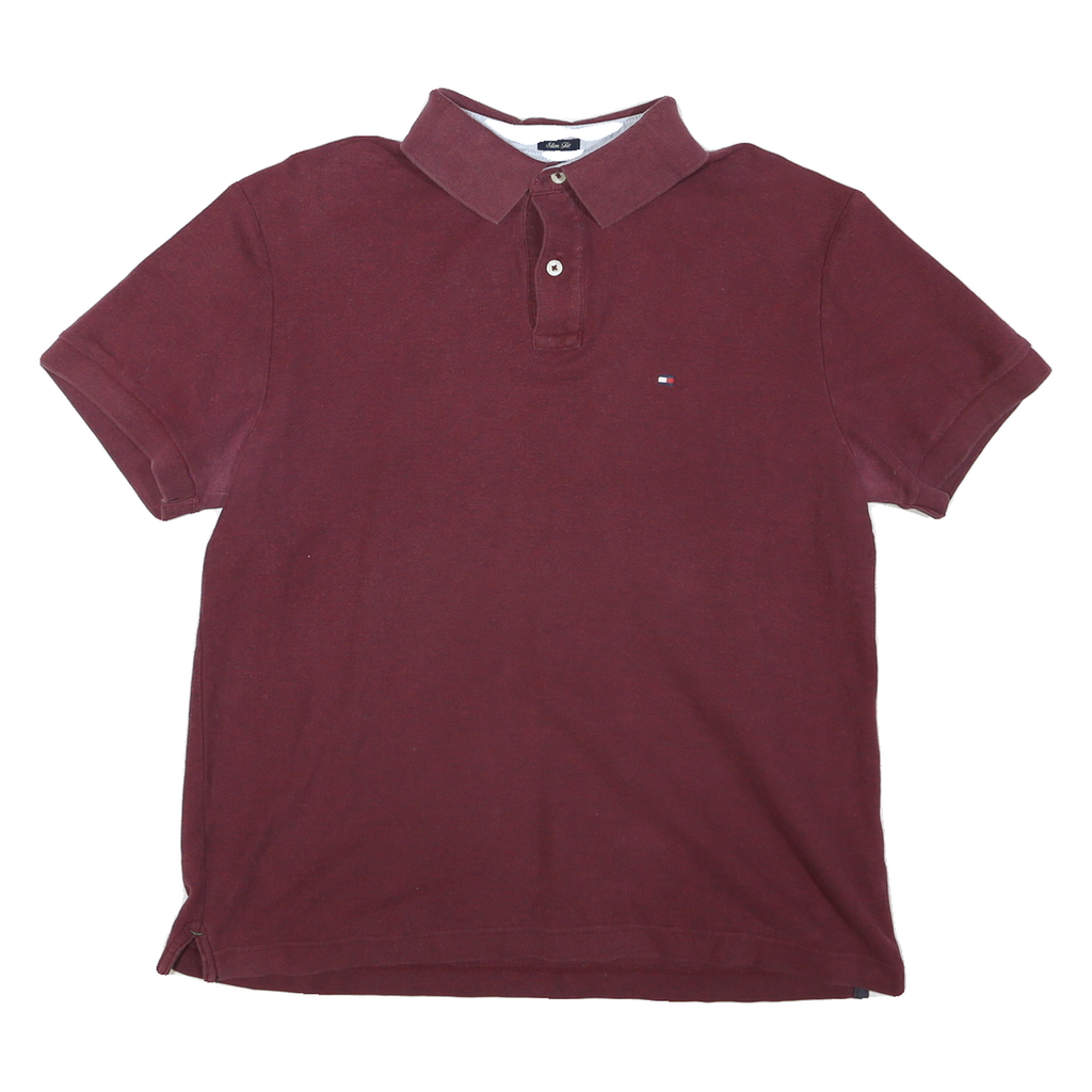 TOMMY HILFIGER Mens Maroon Short Sleeve Plain Polo Shirt L Cotton Blend Classic