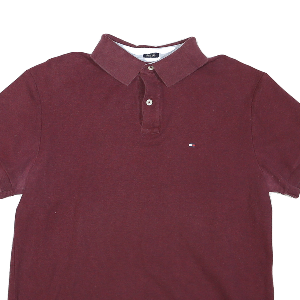 TOMMY HILFIGER Mens Maroon Short Sleeve Plain Polo Shirt L Cotton Blend Classic